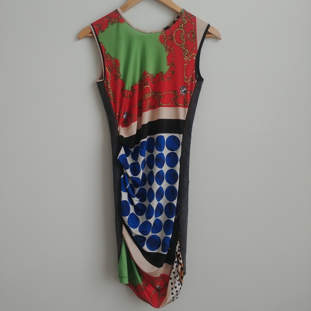 Y2K unique Denny Rose denim pattern panel mini dress Small